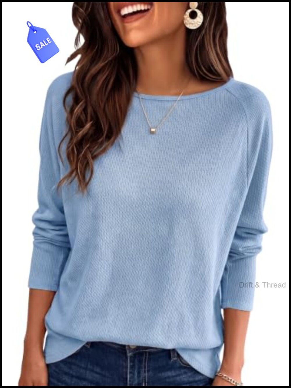 Waffle Knit Long Sleeve Crewneck Top Loose Fit Casual Fall Pullover